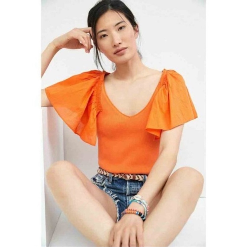 ANTHROPOLOGIE MAUVE Orange Flutter Sleeve Top